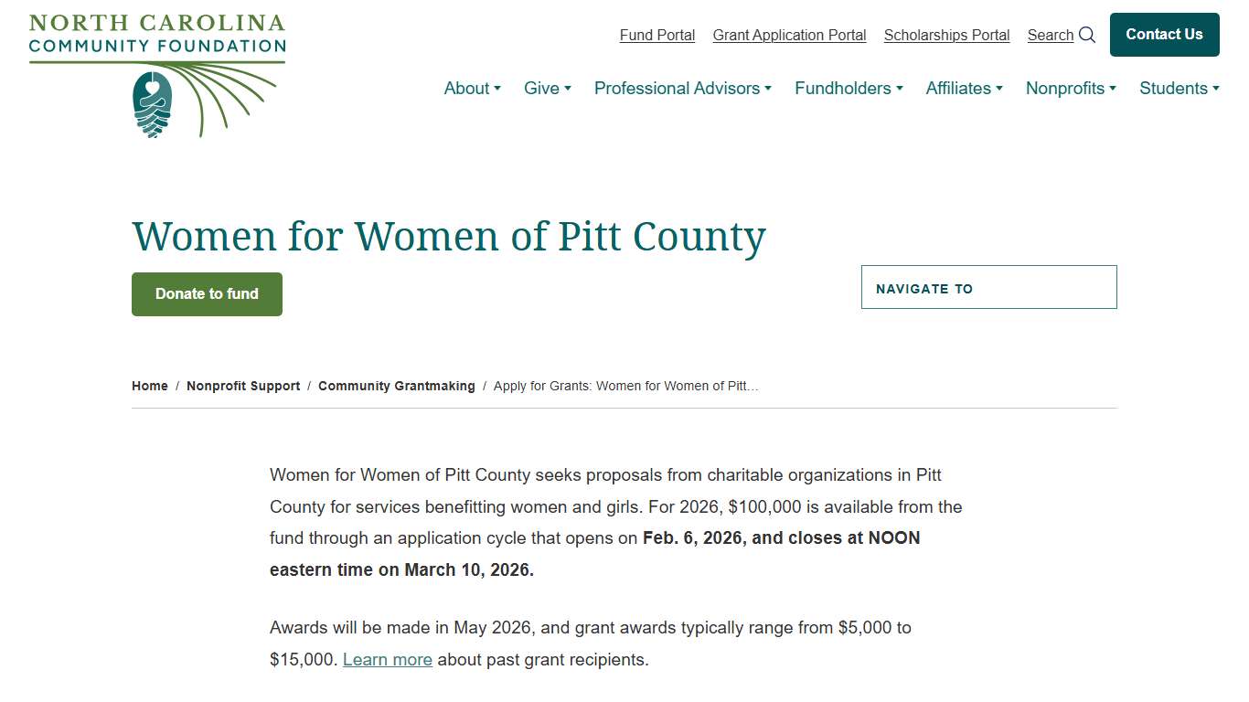 Apply for Grants: Women for Women of Pitt County North Carolina Community Foundation