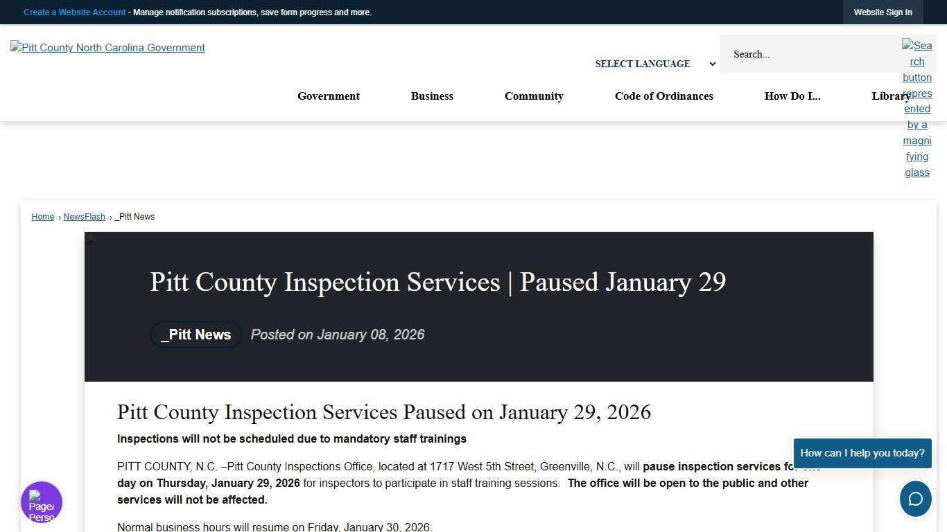 Pitt County Inspection Services Paused January 29 • Pitt County, NC